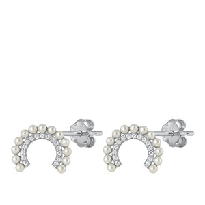 Sterling Silver Chic Clear CZ Freshwater Pearl Abstract Rainbow Arc Earrings