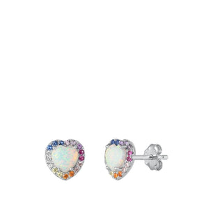 Sterling Silver Beautiful White Opal Multicolor CZ Heart Stud Earrings 925 New