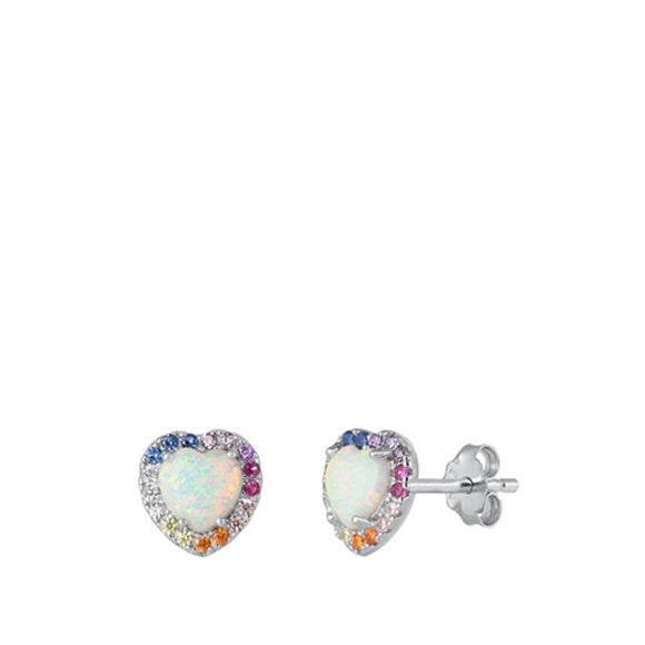 Sterling Silver Beautiful White Opal Multicolor CZ Heart Stud Earrings 925 New