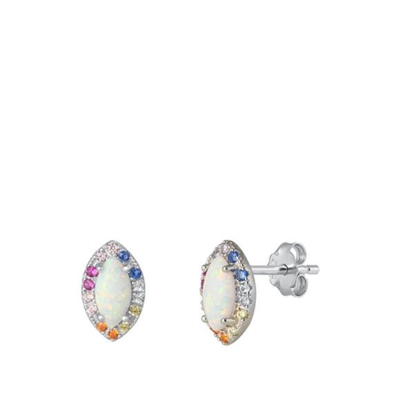 Sterling Silver Beautiful White Opal Multicolor CZ Marquise Earrings 925 New