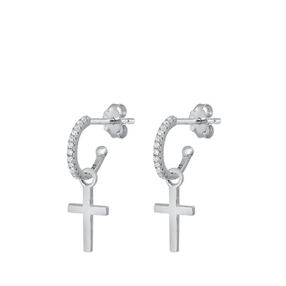 Sterling Silver Polished Dangle Cross Hoop Clear CZ Christian Earrings 925 New