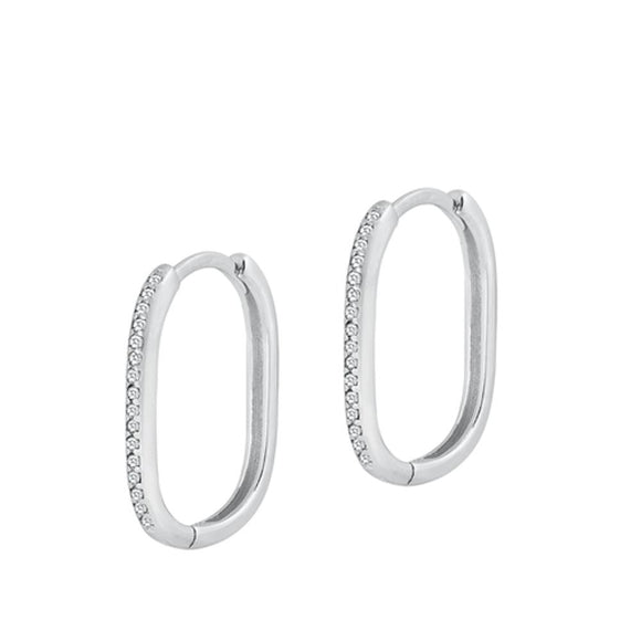 Stylish Sterling Silver Oval Clear CZ Dangle Hoop High Polished Earrings 925 New