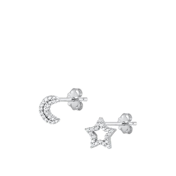 Trendy Star & Moon Clear CZ Stud Mix & Match Earrings Sterling Silver 925 New