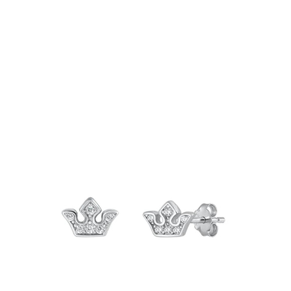 Sterling Silver Cute Clear CZ Small Crown Minimalist Stud Earrings 925 New