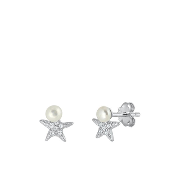 Sterling Silver Unique Freshwater Pearl Clear CZ Starfish Earrings 925 New