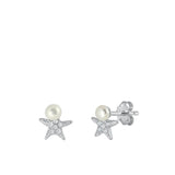 Sterling Silver Unique Freshwater Pearl Clear CZ Starfish Earrings 925 New