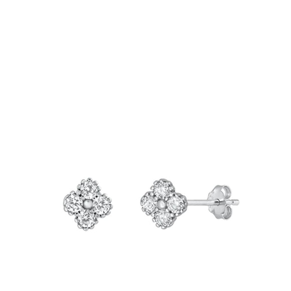 Sterling Silver Clear CZ Floral Stud High Polished Earrings Flower Post 925 New