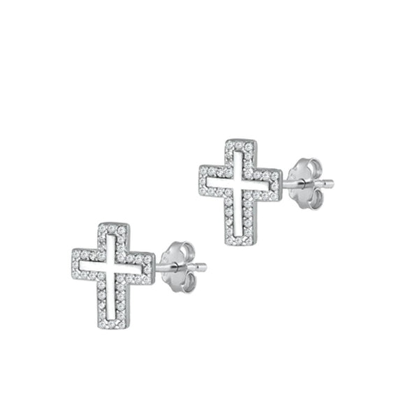 Sterling Silver Cute Clear CZ Cross High Polished Christian Earrings 925 New