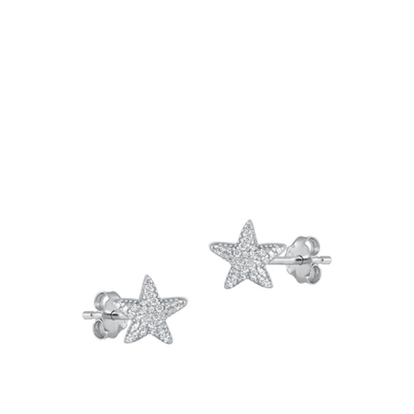 Sterling Silver Polished Clear CZ Starfish Stud Earrings 925 New Ocean Beach