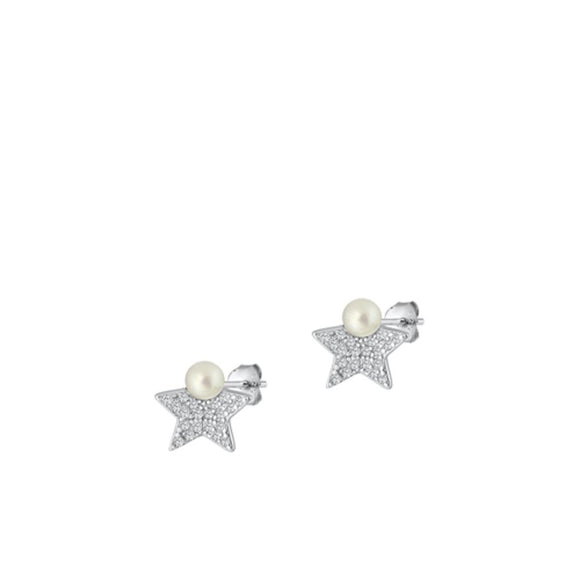 Sterling Silver Beautiful Clear CZ Freshwater Pearl Star Earrings .925 New