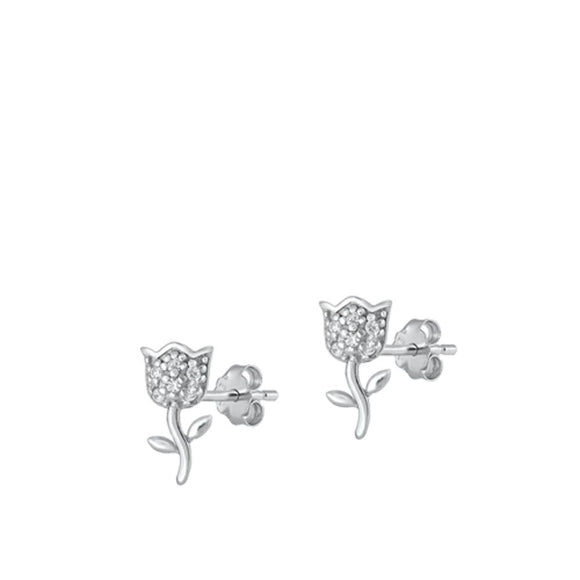 Sterling Silver Classic Fashion Rose Clear CZ Flower Stud Earrings 925 New
