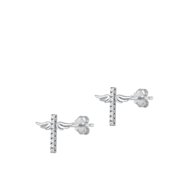 Sterling Silver Unique Christian Clear CZ Angel Winged Cross Earrings 925 New