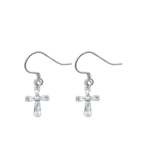 Sterling Silver Wholesale High Polished Cross Clear CZ Hook Earrings 925 New