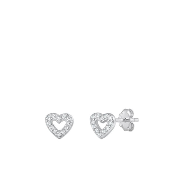 Sterling Silver Open Heart Clear CZ Stud High Polished Earrings .925 New