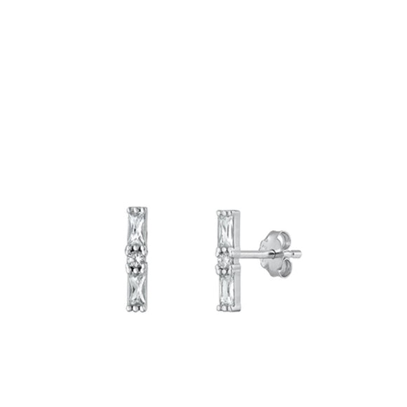 Sterling Silver Classic Clear CZ High Fashon Bar Earrings 925 New