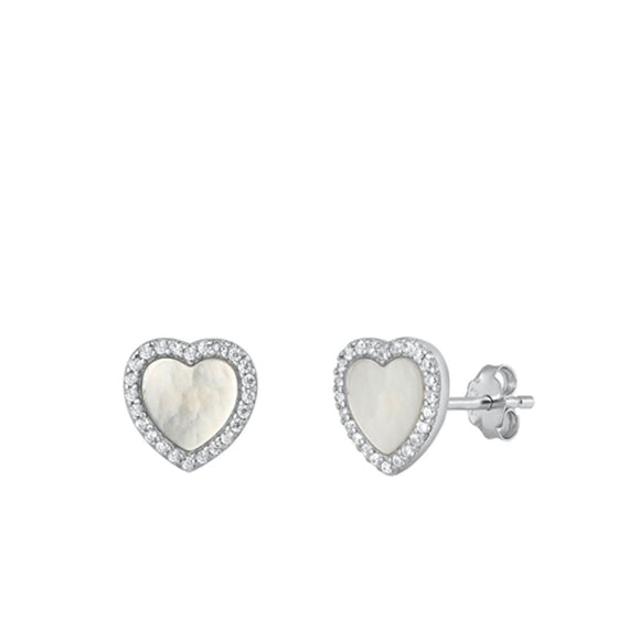 Sterling Silver Beautiful Mother of Pearl Clear CZ Heart Stud Earrings .925 New