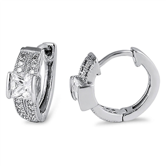 Square Huggie Hoop Earrings Clear Simulated CZ .925 Sterling Silver