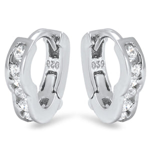 Flower Shape Hoop Cute Scalloped Huggie Studded Clear Simulated CZ .925 Sterling Silver Huggie Hoop Earrings