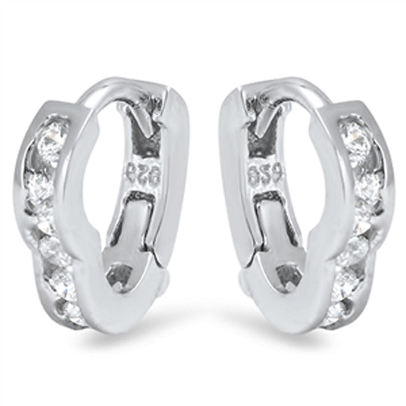 Flower Shape Hoop Cute Scalloped Huggie Studded Clear Simulated CZ .925 Sterling Silver Huggie Hoop Earrings