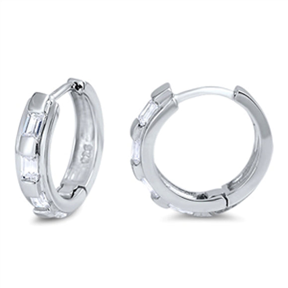 Unique Studded Huggie Hoop Clear Simulated CZ .925 Sterling Silver Simple Huggie Hoop Earrings
