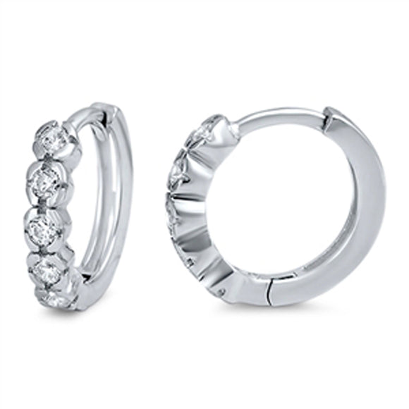 Simple Stacked Circle Hoop High Polish Clear Simulated CZ .925 Sterling Silver Huggie Hoop Earrings
