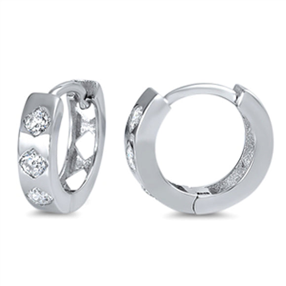 Studded Huggie Hoop Classic Clear Simulated CZ .925 Sterling Silver Cutout Huggie Hoop Earrings