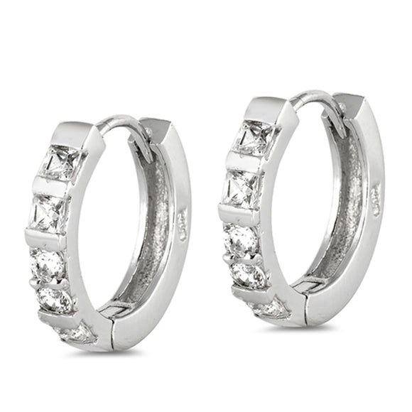 Sterling Silver Simple Modern Hoop Geometric Linear Classic Earrings Clear CZ