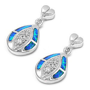 Funky Stacked Teardrop Heart Sparkly Blue Simulated Opal Clear Simulated CZ .925 Sterling Silver Earrings