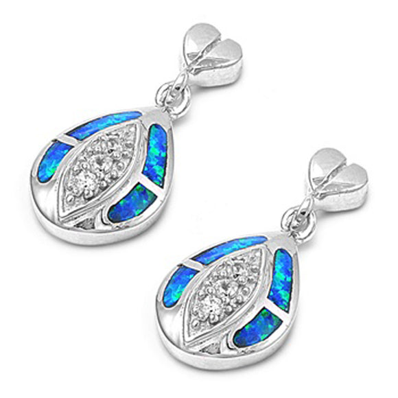 Funky Stacked Teardrop Heart Sparkly Blue Simulated Opal Clear Simulated CZ .925 Sterling Silver Earrings