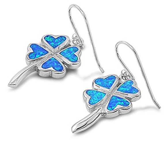 Heart Clover Earrings Blue Simulated Opal .925 Sterling Silver