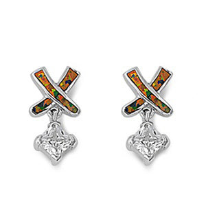 X Hanging Earrings Clear Simulated CZ Mystic Simulated Opal .925 Sterling Silver