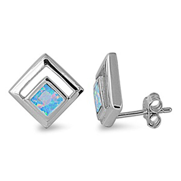 Square Earrings Light Blue Simulated Opal .925 Sterling Silver