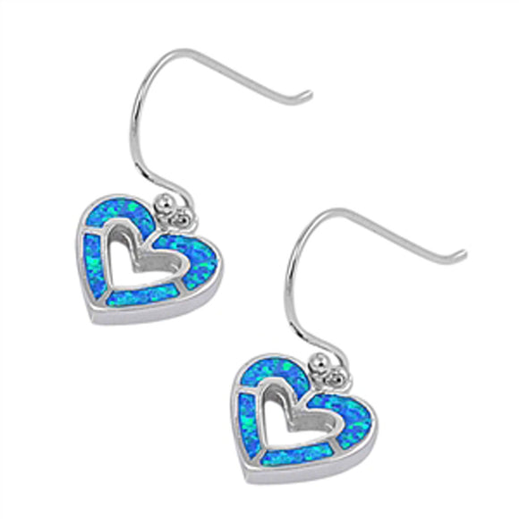 Heart Hanging Earrings Blue Simulated Opal .925 Sterling Silver