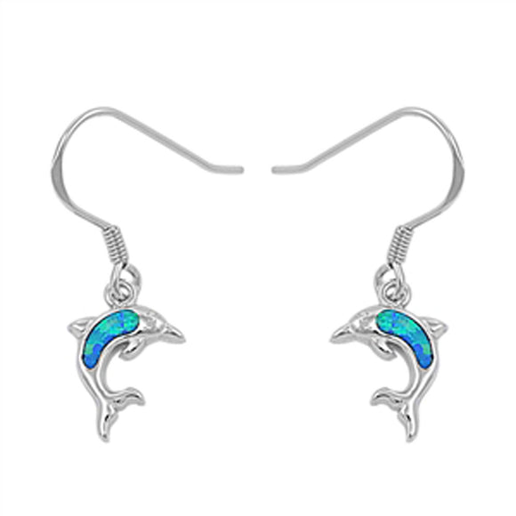 Dolphin Hanging Earrings Blue Simulated Opal .925 Sterling Silver