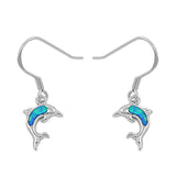 Dolphin Hanging Earrings Blue Simulated Opal .925 Sterling Silver