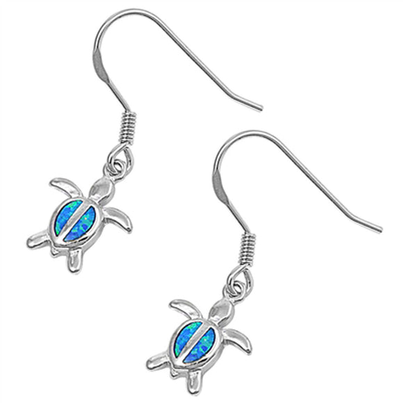 Turtle Hanging Earrings Blue Simulated Opal .925 Sterling Silver