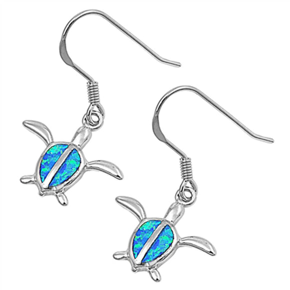 Turtle Hanging Earrings Blue Simulated Opal .925 Sterling Silver
