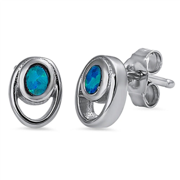 Oval Earrings Blue Simulated Opal .925 Sterling Silver