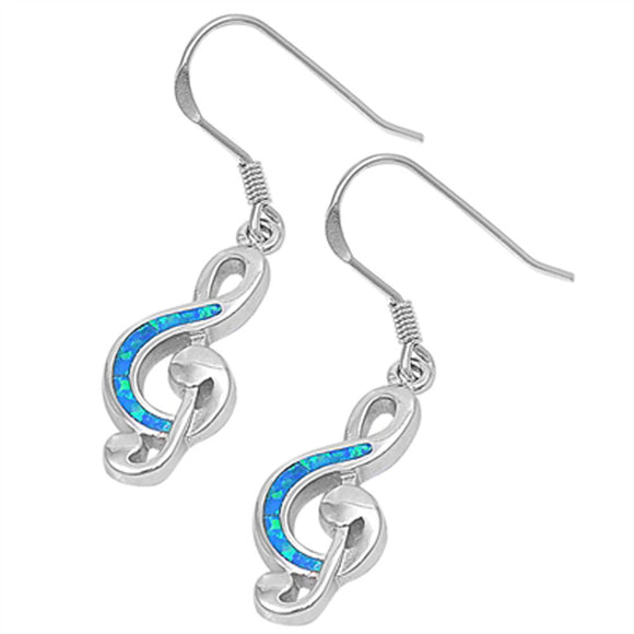 Treble Clef Music Note Hanging Earrings Blue Simulated Opal .925 Sterling Silver
