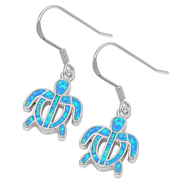 Turtle Hanging Earrings Blue Simulated Opal .925 Sterling Silver
