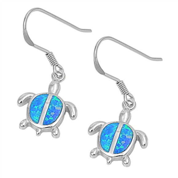 Turtle Hanging Earrings Blue Simulated Opal .925 Sterling Silver