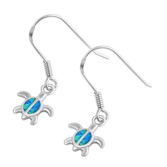 Turtle Hanging Earrings Blue Simulated Opal .925 Sterling Silver