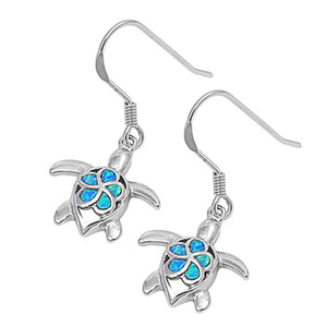 Plumeria Turtle Hanging Earrings Blue Simulated Opal .925 Sterling Silver