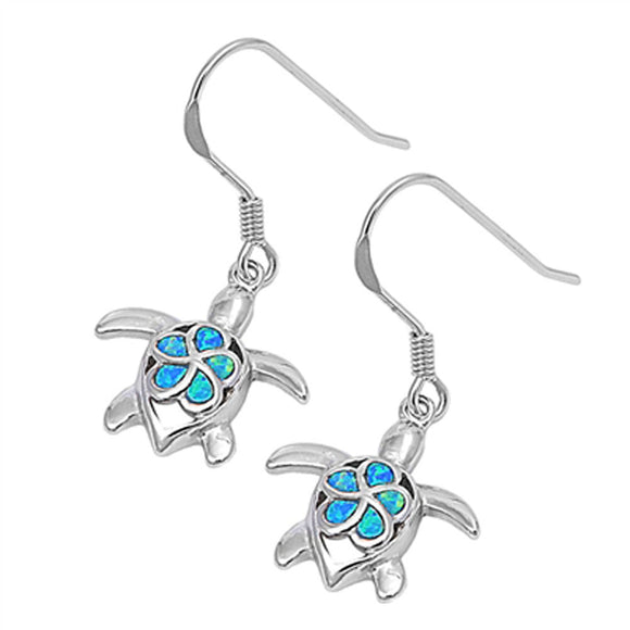 Plumeria Turtle Hanging Earrings Blue Simulated Opal .925 Sterling Silver