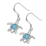 Plumeria Turtle Hanging Earrings Blue Simulated Opal .925 Sterling Silver
