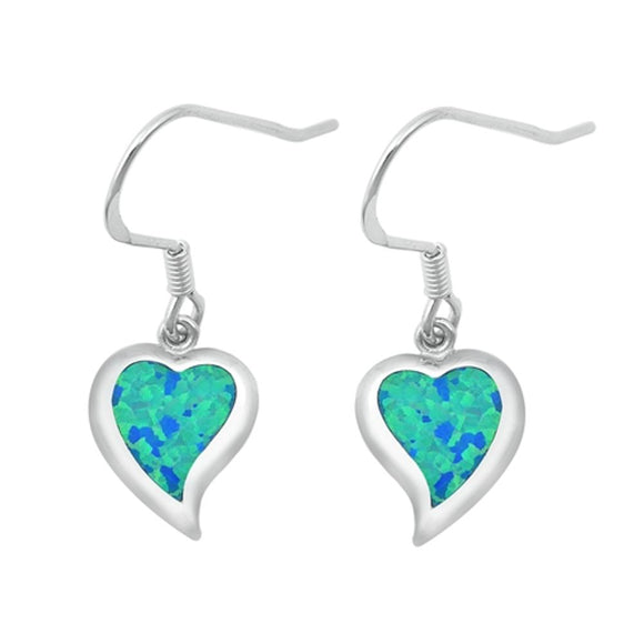 Heart Hanging Earrings Blue Simulated Opal .925 Sterling Silver