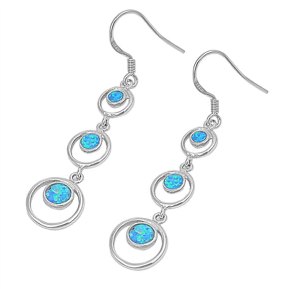 Round Circle Hanging Earrings Blue Simulated Opal .925 Sterling Silver