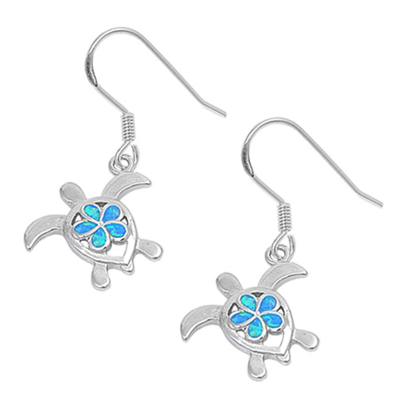 Plumeria Turtle Hanging Earrings Blue Simulated Opal .925 Sterling Silver