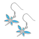 Dragonfly Hanging Earrings Blue Simulated Opal .925 Sterling Silver