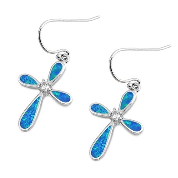 Cross Earrings Blue Simulated Opal Clear Simulated CZ .925 Sterling Silver